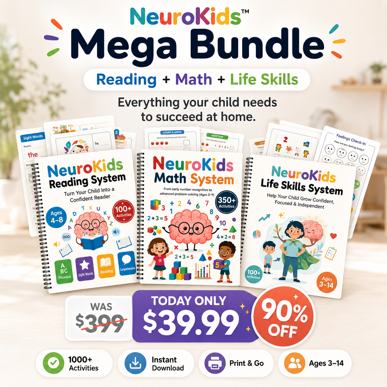 NeuroKids™ Mega Bundle- Sistema Completo de Aprendizaje: Matemáticas + Lectura + Independencia