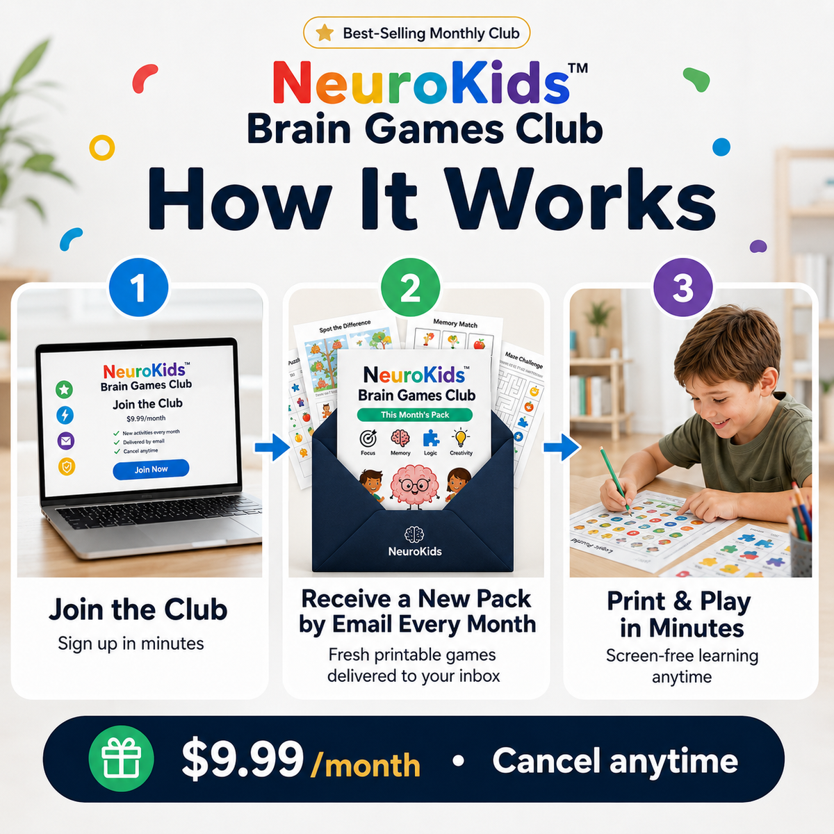 NeuroKids™ Brain-Games-Club: jeden Monat neue ausdruckbare Denkspiele.