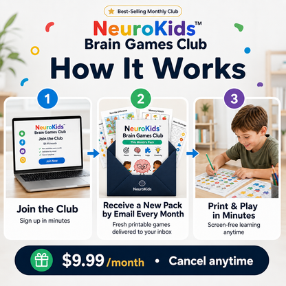 NeuroKids™ Brain-Games-Club: jeden Monat neue ausdruckbare Denkspiele.